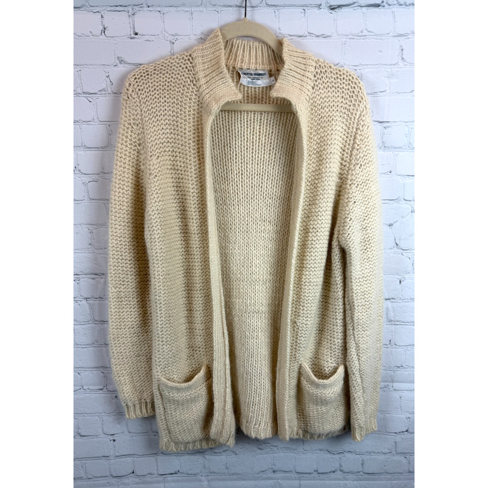 CHESTER WEINBERG natural beige 100% wool open front cardigan sweater L VTG